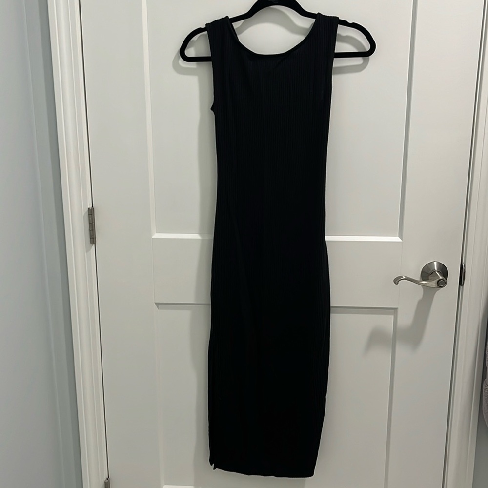 Midi Ribbed Knit Black Dress with Slit and Crossover Cutout on Back